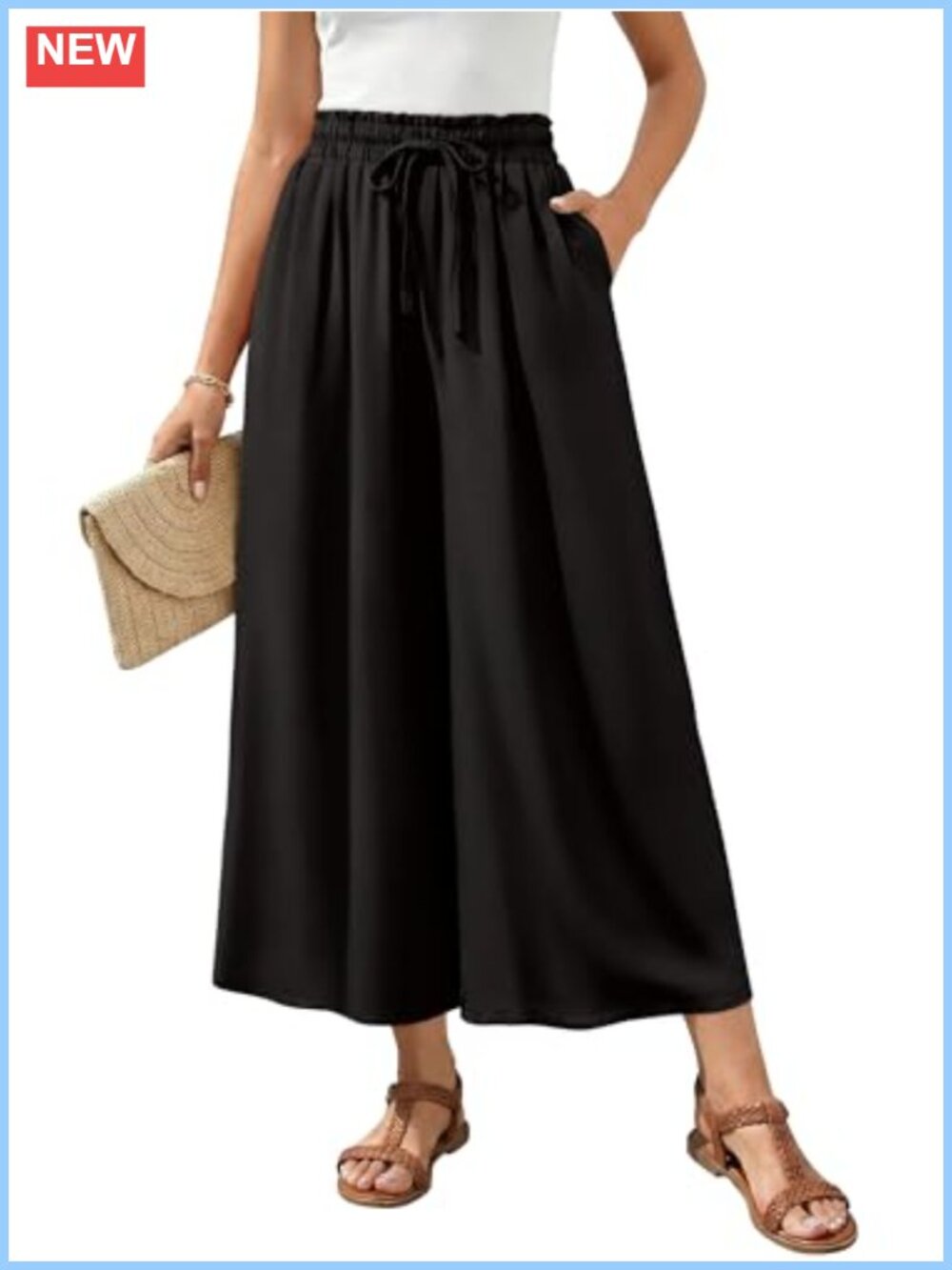 Women's Wide Leg Cropped Palazzo Pants High Waist Drawstring Summer Boho Loose